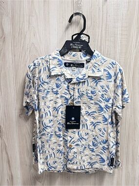Ben Sherman Blue Leaf Print on Beige Short Sleeve Button-Down